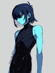  1other armpit_crease arms_at_sides bare_arms black_bodysuit blue_hair blue_skin bodysuit closed_mouth colored_skin commentary covered_groin covered_navel cowboy_shot deltanoodle deltarune english_commentary expressionless grey_background hair_over_one_eye kris_(dark_world)_(deltarune) kris_(deltarune) looking_ahead medium_hair one_eye_covered other_focus red_eyes shaded_face simple_background skin_tight sleeveless sleeveless_bodysuit solo twitter_username utdr_(toby_fox) 