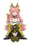  1girl animal_ear_fluff animal_ears bow closed_eyes fate/extra fate/extra_ccc fate_(series) fox_ears fox_girl fox_tail green_bow green_kimono green_legwear hair_bow japanese_clothes kimono long_hair merokonbu0 obi pink_hair sash seiza simple_background sitting solo tail tamamo_(fate)_(all) thighhighs white_background wide_sleeves 