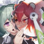  2girls ahoge animal_ears apron bear_ears commentary corin_wickes dress english_commentary eyepatch fake_animal_ears green_hair hair_between_eyes hair_ornament highres holding koleda_belobog long_hair looking_at_viewer maid maid_apron maid_headdress multiple_girls open_mouth original purple_eyes red_eyes red_hair screw_hair_ornament simple_background sphere_hair_ornament twintails yaroslavee zenless_zone_zero 