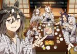  6+girls absurdres ahoge animal_ears bath_yukata black_hair blue_eyes blunt_bangs blush breasts brown_eyes brown_hair chopsticks closed_eyes closed_mouth collarbone commentary double_v dream_journey_(umamusume) eyewear_strap fenomeno_(umamusume) flipped_hair food food_request glasses gold_ship_(umamusume) grey_hair grey_kimono hair_between_eyes head_rest highres holding holding_chopsticks horse_ears horse_girl horse_tail hotpot indoors japanese_clothes kimono long_hair long_sleeves looking_at_viewer multicolored_hair multiple_girls nakayama_festa_(umamusume) one_eye_closed open_mouth orange_hair orfevre_(umamusume) purple_eyes purple_hair selfie sitting smile stay_gold_(umamusume) stay_gold_clan_(umamusume) stew streaked_hair symbol-only_commentary tail teeth two-tone_hair umagamja umamusume v white_hair yukata 