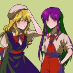  2girls aihara-rina alternate_costume black_dress blonde_hair bow bowtie chinese_commentary commentary_request dress hakurei_reimu hakurei_reimu_(pc-98) hand_in_pocket hand_on_headwear hat highres kirisame_marisa kirisame_marisa_(pc-98) long_hair lotus_land_story mob_cap multiple_girls necktie no_hair_bow no_hair_ornament no_headwear pants pocket purple_hair red_bow red_bowtie red_pants sash shirt short_sleeves sidelocks sleeves_rolled_up touhou touhou_(pc-98) white_hat white_shirt 
