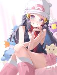  1girl absurdres bare_arms beanie black_hair black_vest blue_eyes blue_hair boots colored_inner_hair commentary_request crossed_legs dawn_(pokemon) drifloon grin hat highres jigglypuff miniskirt mudkip multicolored_hair pink_boots pink_skirt pokemon pokemon_dppt red_scarf revvie scarf sitting skirt smile solo spheal stuffed_toy thighs togepi vest watch white_hat wristwatch 