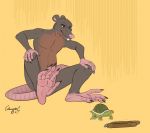  2020 anthro barefoot black_nails brown_body brown_fur colored_nails duo feral fur hands_on_knees long_toes male mammal melee_weapon murid murine nails nude nunchaku pink_hands pink_nose prehensile_feet rat red_eyes reptile rodent scalie simple_background sitting strawbear turtle weapon 