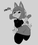 :> animal_crossing ankha_(animal_crossing) anthro black_clothing black_legwear black_topwear bodysuit bottomwear claws clothing dkajart domestic_cat emanata english_text eyelashes felid feline felis female greeting greeting_viewer greyscale hi_res legwear looking_at_viewer mammal monochrome nintendo skinsuit skirt solo strutting tail text thick_thighs tight_clothing topwear