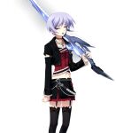  1girl belt black_jacket black_lips black_skirt black_thighhighs blue_hair chain chaos;head choker collarbone corset cross cross_print d-sword detached_sleeves earrings facing_viewer frilled_corset frilled_skirt frilled_sleeves frills garter_straps goth_fashion holding holding_sword holding_weapon inverted_cross jacket jewelry kishimoto_ayase kishimoto_ayase_(fes) lace-trimmed_thighhighs lace_trim large_variant_set leather leather_jacket leather_skirt long_sleeves makeup mascara matsuo_yukihiro midriff miniskirt navel over_shoulder phantasm red_corset red_skirt science_adventure short_hair skirt smile solo sword sword_over_shoulder thighhighs variant_set weapon weapon_over_shoulder 