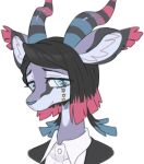  1boy animal_ear_fluff animal_request asymmetrical_bangs black_hair black_jacket blue_eyes blue_horns buttons closed_mouth colored_tips cropped_head cropped_torso demon_boy enmu_(kimetsu_no_yaiba) facial_mark furrification furry furry_male gradient_horns hashtag-only_commentary highres horns jacket kimetsu_no_yaiba looking_at_viewer male_focus medium_hair multicolored_hair multicolored_horns purple_fur red_horns simple_background smile solo striped_horns symbol-shaped_pupils tears_facial_mark trap undershirt white_background wing_collar zhang_gun 