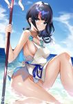  1girl :i absurdres aoi_kurora bare_arms bare_legs bare_shoulders black_hair blue_eyes blue_sky blush breasts closed_mouth day fate/grand_order fate_(series) feet_out_of_frame halterneck highres holding holding_staff knee_up long_hair looking_at_viewer magatama magatama_hair_ornament medium_breasts multicolored_hair ocean outdoors panties pantyshot pout red_hair revealing_clothes see-through shallow_water sideboob sitting sky smile solo staff streaked_hair underwear utsumi_erise v-shaped_eyebrows water white_panties 