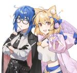  2girls ahoge animal_ear_fluff animal_ears arcueid_brunestud belt black_gloves black_jacket black_skirt blonde_hair blue_eyes blue_hair blue_skirt blush bow breasts camisole cat_ears choker ciel-sensei_(fate) ciel_(tsukihime) citrusarjun cleavage collared_shirt commentary_request crescent crescent_hair_ornament crop_top crop_top_overhang fate/grand_order fate_(series) fingerless_gloves glasses gloves hair_ornament headphones hood hooded_jacket jacket jacket_on_shoulders large_breasts long_sleeves looking_at_viewer multiple_girls navel necktie open_mouth phantas-moon phantas-moon_(second_ascension) pink_jacket purple_gloves red_eyes revision shirt short_hair skirt sleeves_rolled_up smile star_(symbol) striped_clothes striped_gloves tsukihime tsukihime_(remake) white_camisole white_shirt 