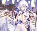  anthropomorphism aqua_eyes azur_lane blush breasts building chinese_clothes chinese_dress cleavage cropped fan illustrious_(azur_lane) long_hair ribbons ririko sky stars thighhighs twintails white_hair 