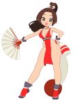  1girl breasts brown_hair cleavage dress full_body hand_fan hand_on_own_hip highres holding holding_fan long_hair monster_l_(hochihochiha) motoyui no_panties pelvic_curtain ponytail red_dress shiranui_mai simple_background socks solo standing street_fighter tabi white_background 