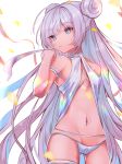  +_+ 1girl azur_lane bangs bare_shoulders bikini blue_eyes breasts closed_mouth commentary_request cowboy_shot double_bun expressionless eyebrows_visible_through_hair le_malin_(azur_lane) le_malin_(wednesday&#039;s_retreat)_(azur_lane) legs_apart long_hair looking_to_the_side moji_(mojimozis) navel sidelocks silver_hair slingshot_swimsuit small_breasts solo standing stomach swept_bangs swimsuit thigh_strap very_long_hair white_bikini 