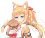  1girl animal_ear_fluff animal_ears bangs blue_eyes blush breast_pocket breasts cat_ears cat_tail cleavage closed_mouth collared_shirt eien_(x0b3o6x7) eyelashes girls_frontline hair_between_eyes hair_ornament hair_ribbon hairclip kalina_(girls_frontline) large_breasts long_hair looking_at_viewer open_clothes open_shirt orange_hair paws pocket red_ribbon ribbon shirt simple_background smile solo tail upper_body white_background white_shirt 