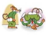 accident accidental_exposure anthro anus bottomwear bottomwear_down butt clothed clothing fur geronimo_stilton geronimo_stilton_(series) green_clothing hi_res male mammal mouse murid murine orange_body orange_fur pants pants_down partially_clothed rodent solo upside_down victor_the_wolf_(artist) watermark