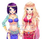  2girls arabian_clothes blonde_hair blue_eyes breasts commission earrings grey_eyes jewelry long_hair looking_at_viewer medium_breasts multiple_girls natsumii_chan navel necklace original purple_hair short_hair smile watermark web_address 