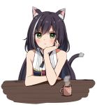  1girl :t animal_ear_fluff animal_ears anz32 bare_arms bare_shoulders black_hair black_neckwear black_ribbon blush cat_ears cat_girl cat_tail closed_mouth coffee coffee_mug cup eyebrows_visible_through_hair green_eyes hand_on_own_cheek karyl_(princess_connect!) long_hair low_twintails mug multicolored_hair neck_ribbon pout princess_connect! princess_connect!_re:dive ribbon simple_background sleeveless solo steam streaked_hair tail twintails twitter_username upper_body v-shaped_eyebrows very_long_hair white_background white_hair 