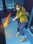  1girl bag braid brown_eyes brown_hair explosive fire glasses gotatsu grenade gun highres long_hair resident_evil resident_evil:_resistance single_braid solo torch valerie_harmon weapon 