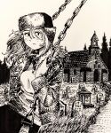  1girl chain coat commentary english_commentary graveyard greyscale heidi_(heytherenrds) highres medium_hair monochrome original outdoors shirt solo swing ushanka 