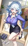  1girl adjusting_clothes adjusting_shoe alternate_breast_size_(larger) alternate_costume bag bare_legs black_cat black_shoes black_skirt blue_eyes blue_hair blush breasts cat cleavage collarbone collared_shirt commentary_request fingernails foot_out_of_frame furina_(genshin_impact) genkan genshin_impact grey_hair hair_between_eyes hair_intakes high_heels highres id_card indoors lanyard large_breasts legs long_sleeves looking_at_viewer medium_hair multicolored_hair no-ba office_lady open_mouth pencil_skirt pumps purple_shirt shirt shirt_tucked_in shoes shoulder_bag side_ahoge skirt socks solo standing standing_on_one_leg streaked_hair tearing_up unworn_shoes unworn_socks variant_set white_bag wooden_floor 