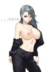  1girl azto_dio bare_shoulders black_pants blazer_removed brown_eyes cowboy_shot earrings english_commentary hand_on_own_thigh highres jewelry long_hair looking_at_viewer navel necklace niijima_sae off_shoulder pants persona persona_5 pink_lips silver_hair stomach sweater_removed topless 