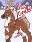  3:4 animal_genitalia balls bell bloodymascarade brown_body brown_fur capreoline cervid cloven_hooves erection feral fur genitals harness hi_res hooves jingle_bell looking_at_viewer male mammal penis presenting presenting_penis quadruped reindeer sheath short_tail snow solo tapering_penis winter 