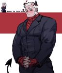  &lt;3 &lt;3_eyes beard blush clothed clothing crossgender demon dopq facial_hair female ftm_crossgender hair helltaker hi_res horn humanoid looking_at_viewer male modeus_(helltaker) muscular muscular_male not_furry red_eyes simple_background solo solo_focus spade_tail suit sweater topwear white_hair 