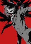 1boy akechi_gorou animal arms_up bird buttons closed_eyes coat collared_shirt cowboy_shot crow doran_(doran7280) double-breasted dutch_angle floating_neckwear greyscale_with_colored_background hair_over_one_eye highres lapels long_sleeves male_focus medium_hair necktie one_eye_covered open_mouth parted_bangs persona persona_5 red_background school_uniform shirt simple_background smile solo teeth triangle_mouth 