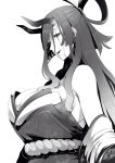  1girl bare_shoulders breasts cleavage detached_sleeves dress facial_mark fate/grand_order fate/requiem fate_(series) from_side greyscale hair_rings half_updo highres horns japanese_clothes kijo_kouyou_(fate) large_breasts long_hair looking_to_the_side monochrome nakamura_regura open_mouth parted_lips rope sidelocks slit_pupils smile smirk strapless strapless_dress upper_body 