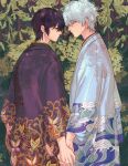  2boys black_hair butterfly_print_kimono commentary cowboy_shot floral_background gintama hair_between_eyes highres holding_hands japanese_clothes kimono looking_at_another male_focus messy_hair multiple_boys natsuharasu print_kimono purple_kimono sakata_gintoki short_hair symbol-only_commentary takasugi_shinsuke wave_print white_hair white_kimono yaoi 