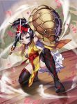  1girl ario armpits black_hair blue_eyes breasts cleavage fighting_stance hair_ornament japanese_clothes polearm shibari shield spear thighhighs turtle_shell weapon wixoss 