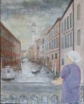  1girl boat bridge building canal city greyscale highres monochrome o05tm3ssiyom6mt original painting_(medium) solo_focus traditional_media venice watercraft window 