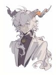  1boy animal_ears antenna_hair arknights black_shirt cropped_torso goat_boy goat_ears goat_horns grey_eyes heterochromia highres horns jacket kreide_(arknights) long_hair looking_at_viewer male_focus messy_hair red_eyes shikiri shirt simple_background sketch smile solo white_background white_hair white_jacket 