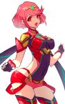  1girl armor black_gloves bob_cut breasts chest_jewel covered_navel covered_nipples cowboy_shot earrings fingerless_gloves gloves highres jewelry large_breasts looking_at_viewer pyra_(xenoblade) red_eyes red_hair red_shorts red_thighhighs short_hair shorts simple_background skin_tight solo thighhighs tiara ura_dora white_background xenoblade_chronicles_(series) xenoblade_chronicles_2 
