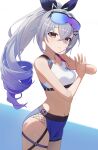  1girl bare_shoulders blue_hair crossed_bangs drill_hair eyewear_on_head goggles goggles_on_head gradient_hair grey_eyes grey_hair hair_between_eyes highres honkai:_star_rail honkai_(series) long_hair looking_at_viewer melreon multicolored_hair navel ponytail silver_wolf_(honkai:_star_rail) solo sports_bra sweat white_sports_bra 