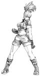  1girl absurdres boots combat_boots cropped_jacket earrings full_body gloves high_collar high_ponytail highres jewelry leona_heidern lineart matsubara_toshi military military_uniform monochrome navel ponytail short_sleeves shorts simple_background soldier solo suspender_shorts suspenders the_king_of_fighters uniform white_background 