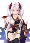 :q absurdres alternate_costume antenna_hair ass azur_lane bangs black_legwear black_panties blush breasts brown_eyes collarbone commentary cowboy_shot cross_choker cup drinking_glass eyebrows_visible_through_hair finger_to_mouth finn_flint fur-trimmed_kimono fur_trim hair_between_eyes headgear highres holding holding_cup iron_cross japanese_clothes kimono large_breasts long_hair looking_at_viewer mole mole_on_breast multicolored_hair panties pelvic_curtain prinz_eugen_(azur_lane) red_hair side-tie_panties sideboob sidelocks silver_hair simple_background skindentation smile solo streaked_hair thighhighs thighs tongue tongue_out two_side_up underwear very_long_hair white_background wide_sleeves 