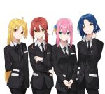  4girls ahoge alternate_hairstyle black_necktie black_pants black_ribbon black_suit blonde_hair blue_eyes blue_hair bocchi_the_rock! breasts cube_hair_ornament gotoh_hitori green_eyes hair_ornament highres ijichi_nijika kanaria_hisagi kita_ikuyo long_hair mole mole_under_eye multiple_girls neck_ribbon necktie pants parted_bangs pink_hair ponytail red_eyes red_hair ribbon short_hair simple_background standing suit upper_body white_background yamada_ryo yellow_eyes 