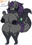 anthro areola big_breasts black_areola black_body black_fur black_nipples breasts english_text female fur generation_5_pokemon genitals green_eyes hair hi_res huge_breasts lewdchuu_(artist) navel nintendo nipple_dip nipples patreon pokemon pokemon_(species) purple_hair pussy simple_background solo text white_background zoroark