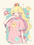  1girl ;o absurdres blonde_hair blue_eyes covering_own_mouth crown earrings hand_over_own_mouth highres jewelry long_hair looking_at_viewer mario_(series) one_eye_closed pink_shirt princess_peach ryu160303 shirt solo sphere_earrings star_(symbol) super_mushroom super_star_(mario) yawning 