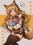  1girl animal_ears arknights bare_shoulders black_thighhighs brown_hair ceobe_(arknights) chinese_commentary commentary_request diamond_(shape) dog_ears dog_girl dog_tail feet_out_of_frame food food_in_mouth grey_background highres holding holding_food jacket long_hair long_sleeves nitrogen_owo red_eyes solo spoken_squiggle squiggle tail thighhighs two-tone_background yellow_background 