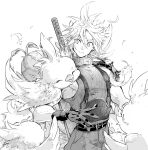  1boy arm_up armor belt bird buster_sword chick chocobo cloud_strife feathers final_fantasy final_fantasy_vii final_fantasy_vii_remake gloves greyscale looking_down looking_to_the_side male_focus monochrome multiple_belts muscular muscular_male pants pauldrons pectorals screentones short_hair shoulder_armor single_pauldron sleeveless sleeveless_sweater sleeveless_turtleneck solo spiked_hair surprised suspenders sweater sword sword_on_back turtleneck turtleneck_sweater upper_body weapon weapon_on_back wxz 