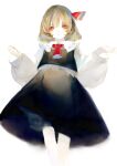  1girl ascot black_skirt black_vest blonde_hair collared_shirt frilled_shirt_collar frills hair_ribbon light_smile red_ascot red_eyes ribbon rumia shirt short_hair skirt skirt_set smile solo touhou vest white_background zhixie_jiaobu 