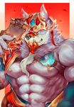 2023 abs anthro beard biceps canid canine canis claws colored dj28sj facial_hair fingers fur grey_body grey_fur grey_nipples hi_res holding_mirror holding_object inner_ear_fluff law_(sdorica) male mammal mask mirror muscular muscular_anthro muscular_male nipples one_eye_closed orange_eyes pawpads pecs sdorica solo tuft white_body white_fur wolf