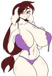 anthro areola areola_slip big_breasts bovid bra breasts brown_eyes brown_hair caprine clothing female floppy_ears fur gianna_goat goat hair hi_res huge_breasts long_hair looking_at_viewer mammal open_bra skidd solo tied_hair underwear white_body white_fur