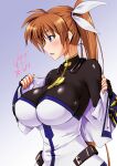  1girl ahoge blush breasts brown_hair cleavage fingerless_gloves gloves gradient_background highres huge_breasts jacket large_breasts long_hair lyrical_nanoha magical_girl mahou_shoujo_lyrical_nanoha_strikers open_mouth purple_eyes side_ponytail solo standing sweat takamachi_nanoha tamo_(nama-yatsuhashi) upper_body 