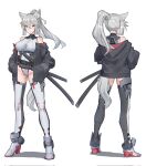  1girl animal_ears bare_shoulders belt boots breasts covered_nipples full_body grey_hair hands_in_pockets high_heel_boots high_heels highleg highleg_leotard highres jacket large_breasts leotard looking_at_viewer multiple_views open_clothes open_jacket original ringobatake scabbard sheath shiny_clothes shiny_legwear shiny_skin strap sword tail thigh_boots two-tone_legwear weapon wolf_ears wolf_tail yellow_eyes 