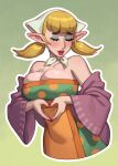  1girl absurdres bare_shoulders blonde_hair blush breasts cleavage closed_eyes eyeshadow green_background highres large_breasts lipstick makeup medium_hair mole mole_above_mouth nail_polish nintendo outline peatrice_(zelda) pointy_ears red_lips red_nails riz simple_background skindentation solo the_legend_of_zelda the_legend_of_zelda:_skyward_sword twintails white_outline 