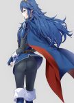  1girl ameno_(a_meno0) armor ass belt black_pants blue_cape blue_eyes blue_footwear blue_gloves blue_hair blush boots brown_belt cape fingerless_gloves fire_emblem fire_emblem_awakening floating_hair from_behind gloves grey_background long_hair long_sleeves looking_at_viewer lucina_(fire_emblem) pants pauldrons profile red_cape ribbed_pants shoulder_armor simple_background solo tiara two-tone_cape 