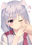  1girl 1other :t ;) \||/ absurdres animal_ears bright_pupils close-up closed_mouth commentary dog_ears eyes_visible_through_hair fingernails grey_hair hair_between_eyes hand_on_another&#039;s_cheek hand_on_another&#039;s_face happy heart highres holding_hands kotoyose_fumino long_hair looking_at_viewer nodoameyatou nukigee_mitai_na_shima_ni_sunderu_watashi_wa_dou_surya_ii_desu_ka? one_eye_closed pov pov_hands red_eyes simple_background smile solo_focus split_mouth white_background 