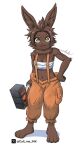 bandage bandaged_chest bilac_(shangri-la_frontier) breasts brown_body brown_fur brown_hair call_me_ink cleavage clothed clothing female fur hair hammer hi_res lagomorph looking_at_viewer mammal overalls shangri-la_frontier simple_background tools yellow_eyes