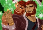  2boys back-to-back bara beard blush dark-skinned_male dark_skin eyebrow_cut facial_hair feet_out_of_frame flaming_eye full_beard hakuro21013776 head_tilt hephaestus_(housamo) highres multiple_boys one_eye_closed short_hair talos_(housamo) thick_beard thick_eyebrows tokyo_afterschool_summoners upper_body v 